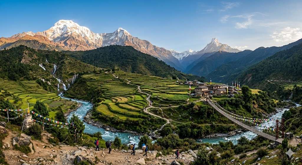 A stunning panoramic view of a green Himalayan valley in the Annapurna region, featuring a winding blue river, terraced fields, and a small village set against towering, snow-capped mountains under a clear blue sky.