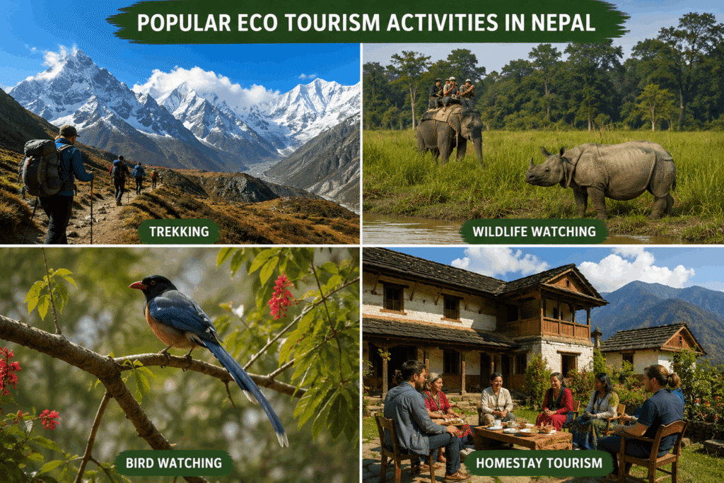 Popular eco tourism activities in Nepal featuring trekking, wildlife watching, bird watching, and traditional homestay experiences.