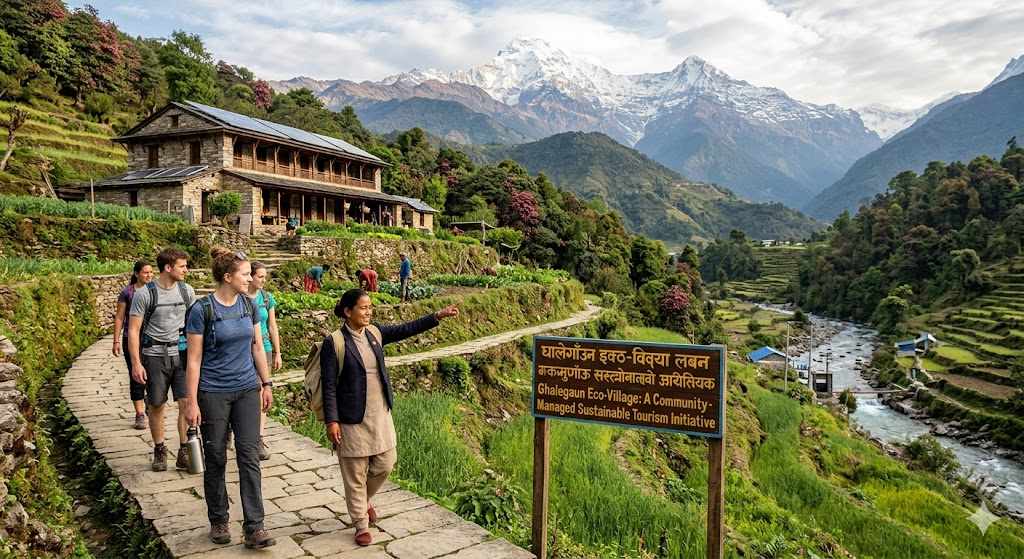 Foreign tourists walk with a local female guide along a stone-paved path in Ghalegaun Eco-Village, Nepal. In the background are snow-capped mountains, green hills, and terraced fields. The guide points towards a traditional stone lodge, and a sign in English and Nepali marks the area as a "Community-Managed Sustainable Tourism Initiative." The scene represents the future of eco-tourism.