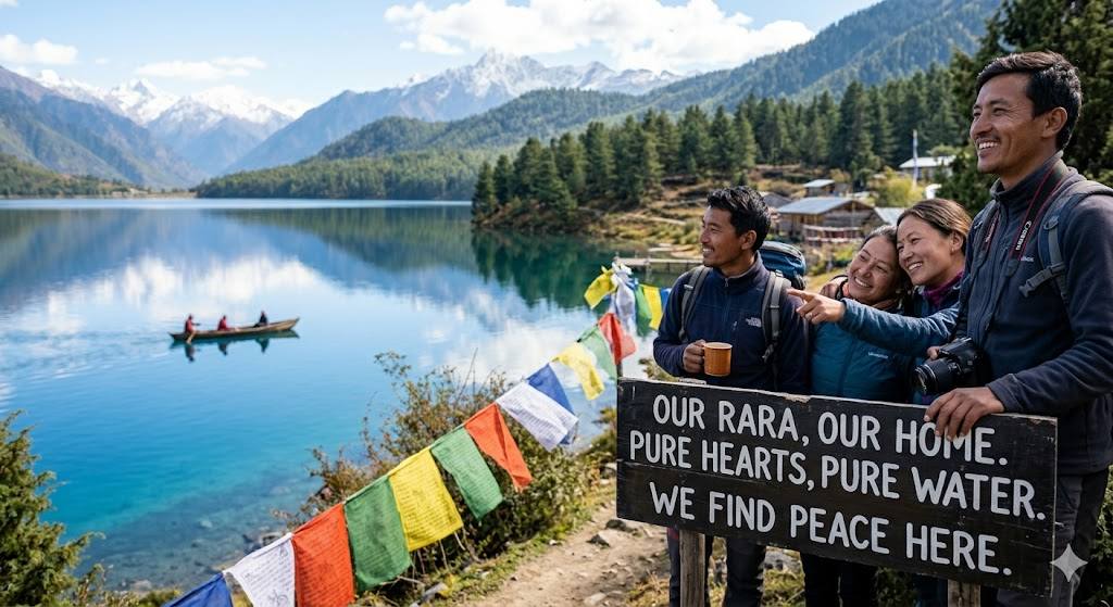 Rara Lake reflecting the surrounding green hills and clear blue sky in western Nepal